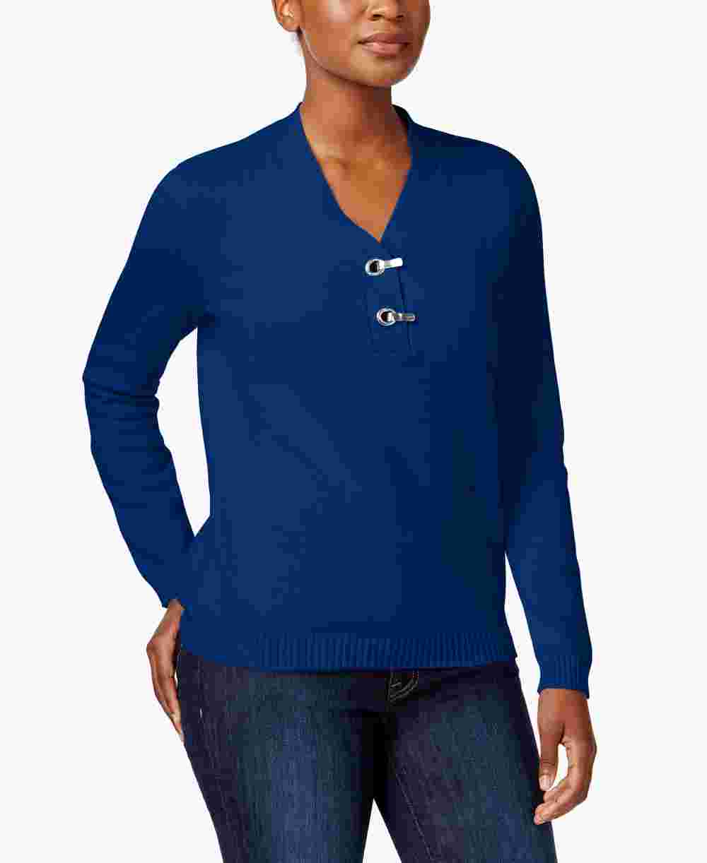 Karen Scott Women's Petites Grommet Ribbed Trim Pullover Sweater Blue Size PSM