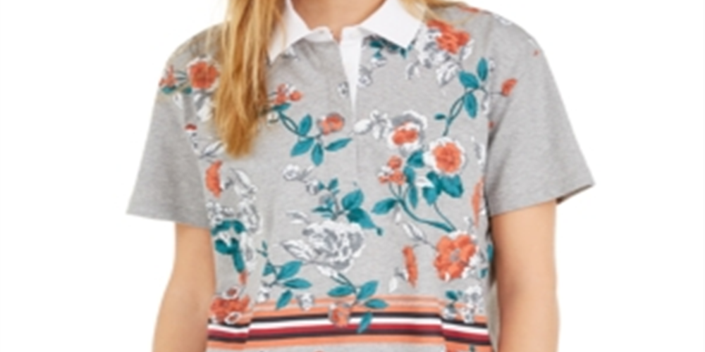 Tommy Hilfiger Women's Floral Crop Polo Shirts Gray Size XS