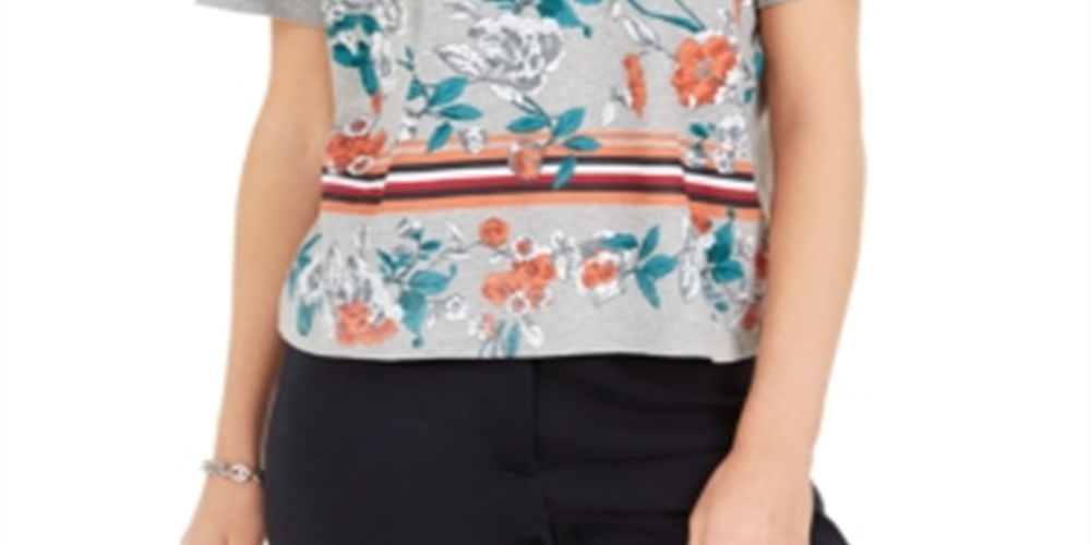 Tommy Hilfiger Women's Floral Crop Polo Shirts Gray Size XS