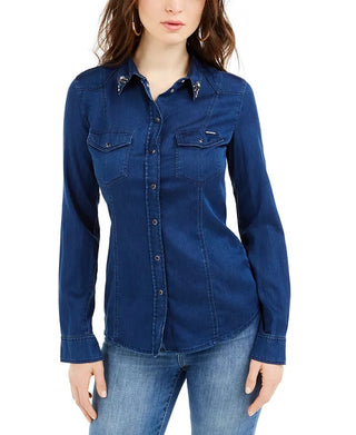 Guess Women's Lalima Embellished Denim Shirt Blue Size X-Small