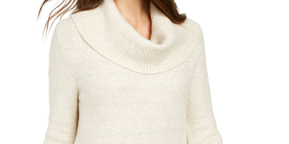 Style & Co Women's Petite Metallic-Striped Turtleneck Sweater Beige Size PP