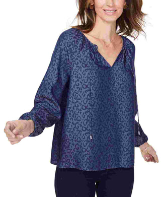 NYDJ Women's Peasant Blouse Chambray Cat Blue Size X-Large