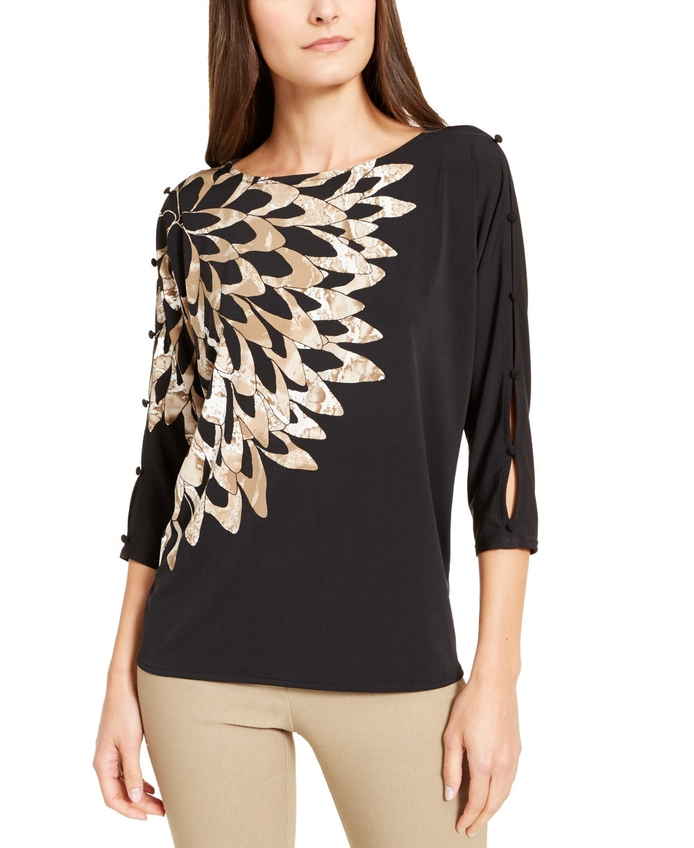 Alfani Women's Printed Button-Sleeve Top Beige Khaki Size XX-Large