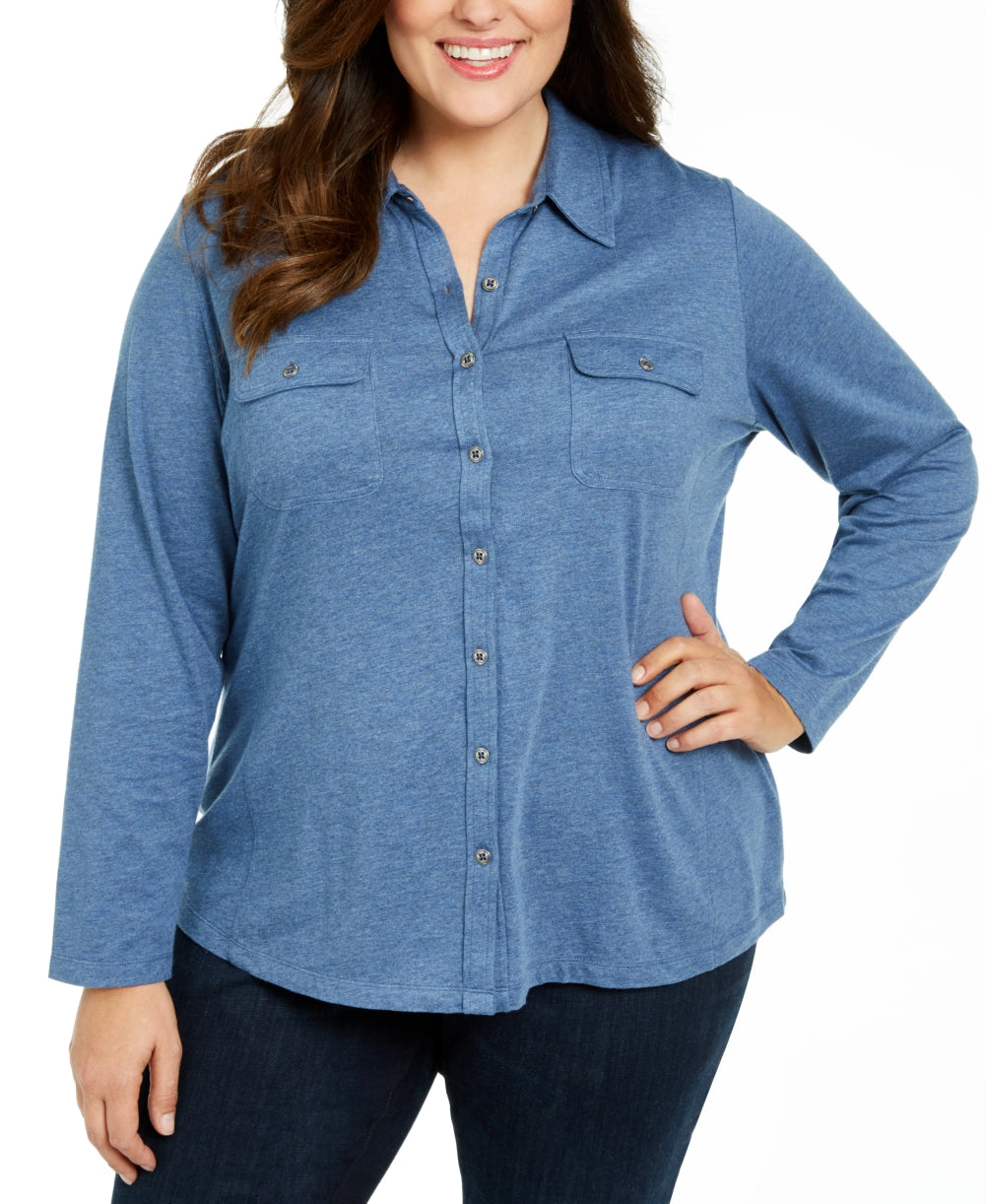 Karen Scott Women's Plus Size Button-Front Collared Top Blue Size 0X