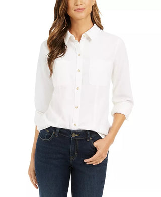 Charter Club Women's Button Down Cotton Corduroy Shirt White Size Petite Small