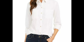 Charter Club Women's Button Down Cotton Corduroy Shirt White Size Petite Small