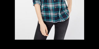 Polly & Esther Junior's Plaid Roll Tab Shirt Green/Black Size X-Large