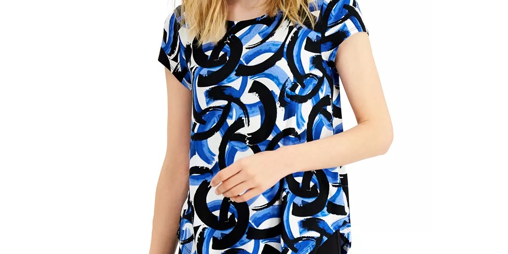 Alfani Women's Printed Round Hem T-Shirt Black Size Petite Small
