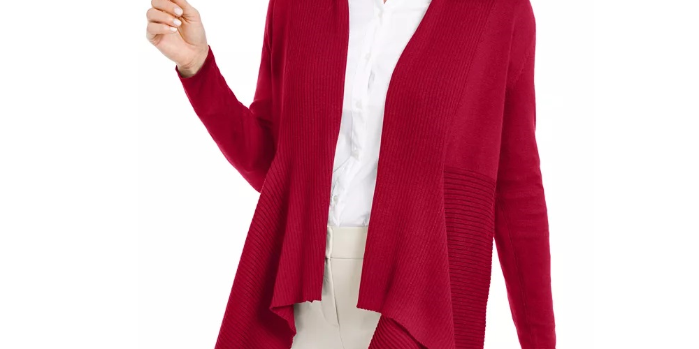 JM Collection Women's Mixed Ribbed Flyaway Cardigan Wine Size Petite Small