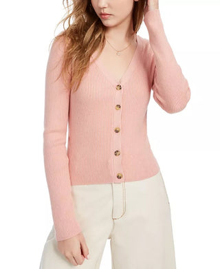 Ultra Flirt Junior's Cropped Ribbed Cardigan Sweater Peach Beige Size Large
