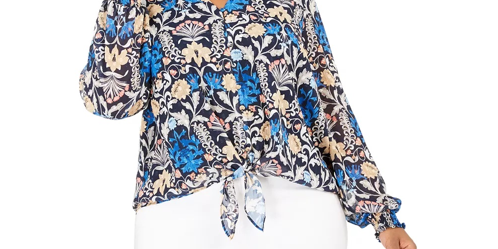 INC International Concepts Women's Plus Floral Sheer Blouse Blue Size 0X