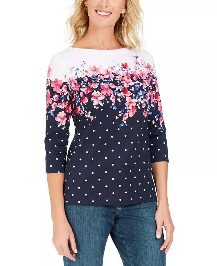 Karen Scott Women's Emily Printed Boat Neck Top Black /Red  Size Small