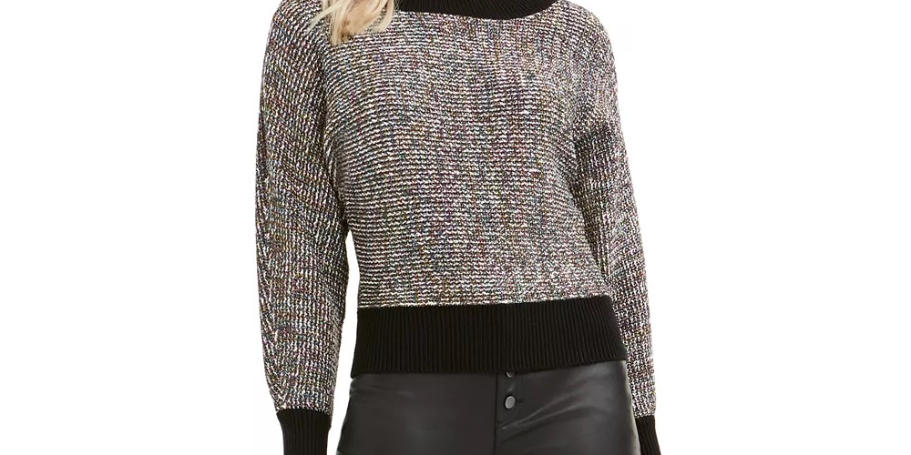 Bar III Women's Metallic Heather Long Sleeve Crew Neck Sweater Black Size X-Large