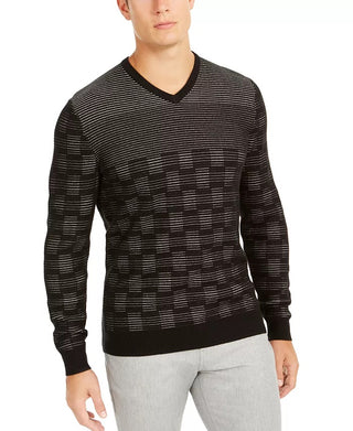 Alfani Men's Classic Fit Metallic Check V Neck Sweater Black Size Small