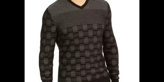 Alfani Men's Classic Fit Metallic Check V Neck Sweater Black Size Small