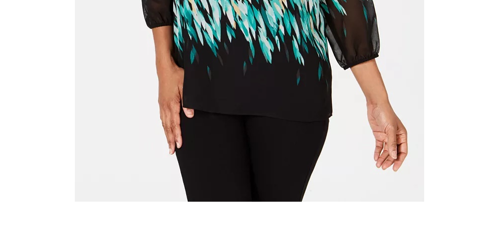 JM Collection Women's Printed Embellished Blouson Sleeve Top Green Size P/SM