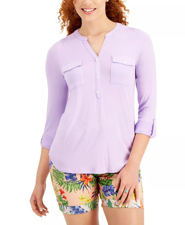 Style & Co Women's Split Neck Roll Tab Sleeve Top Purple Size Large