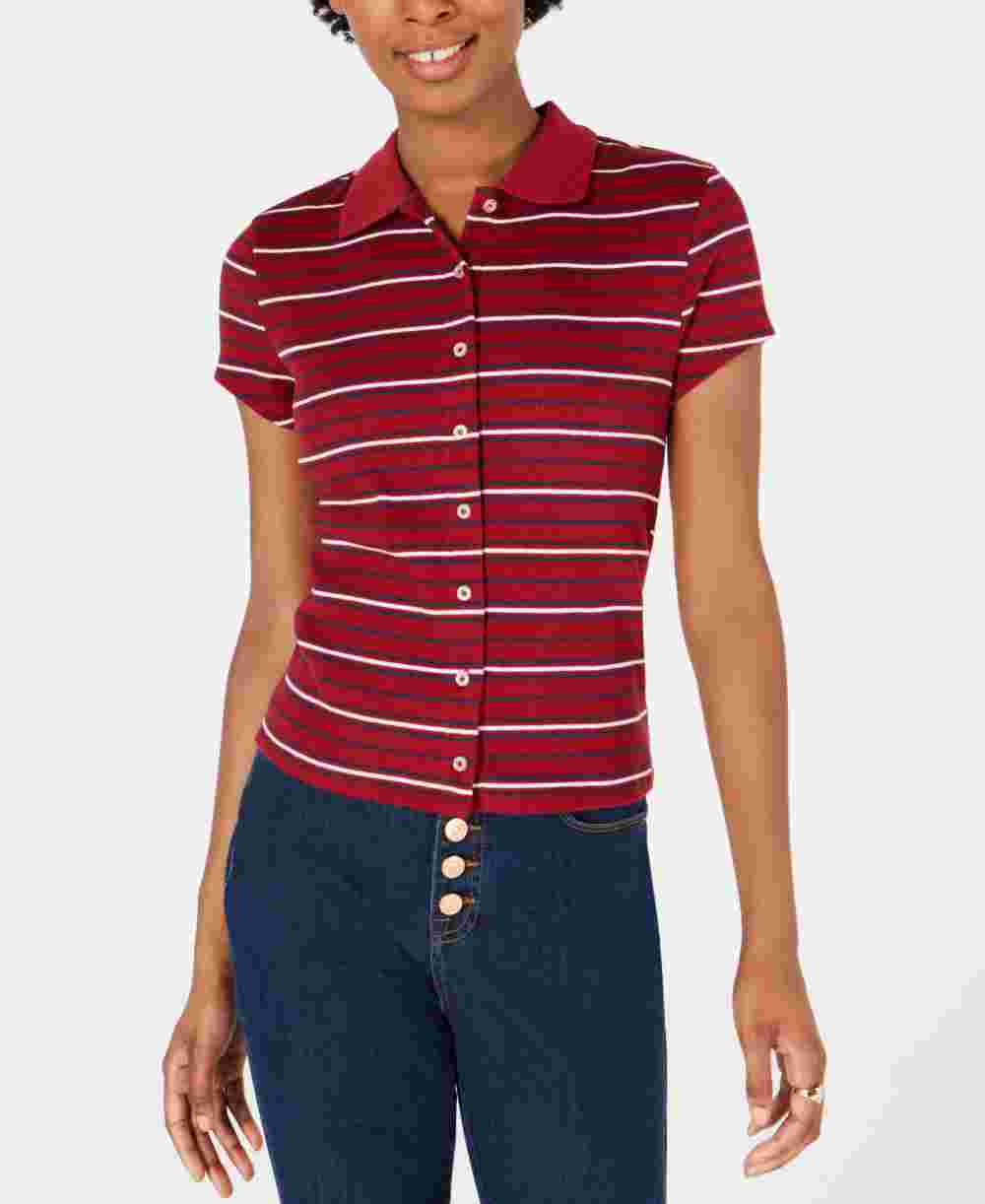 Planet Gold Women's Striped Short Sleeve Collared Button Up Top Red Size X-Large