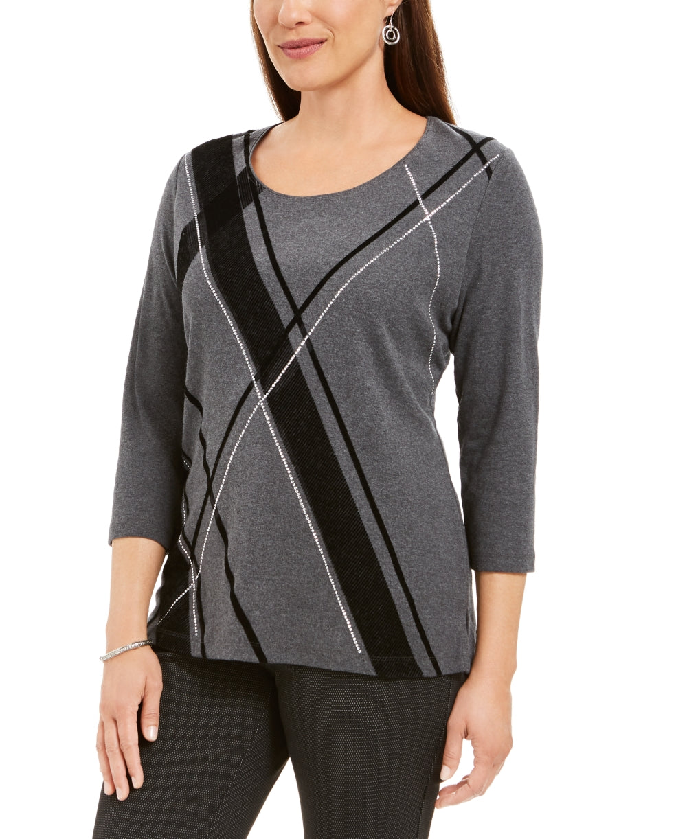 Karen Scott Women's Graphic Scoop Neck Top Charcoal Size P/SM