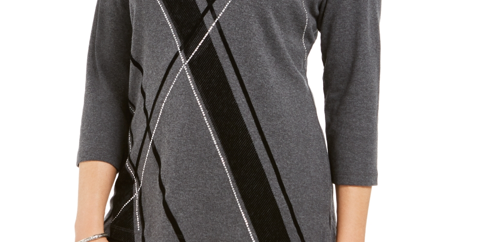 Karen Scott Women's Graphic Scoop Neck Top Charcoal Size P/SM