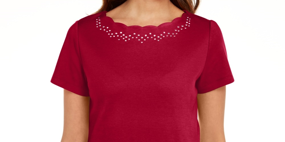 Karen Scott Women's Cotton Scalloped Neck T Shirt Red Size Small