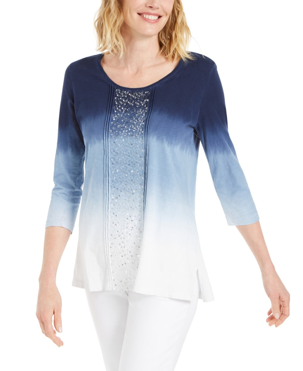 JM Collection Women's Sequined Scoop Neck Top  Blue Size Small