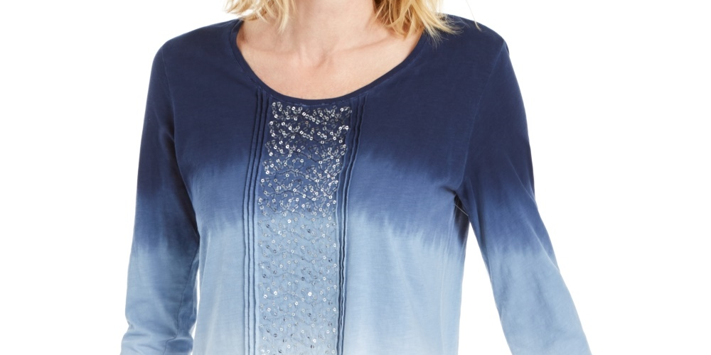 JM Collection Women's Sequined Scoop Neck Top  Blue Size Small