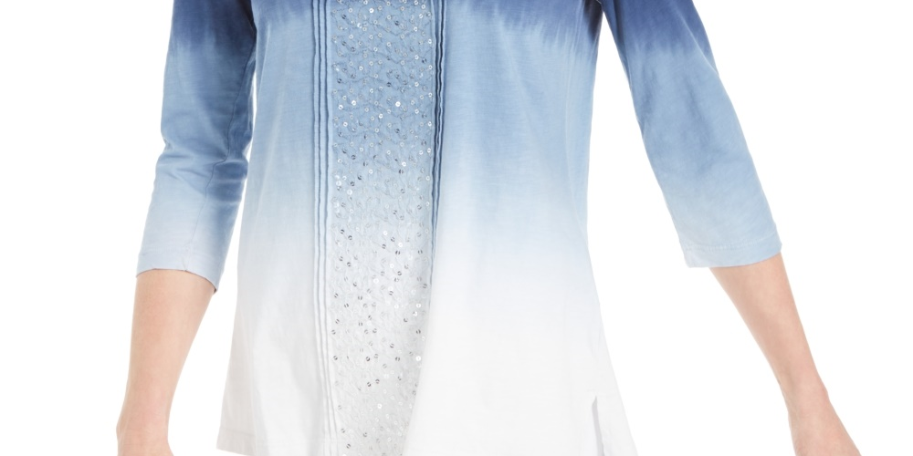 JM Collection Women's Sequined Scoop Neck Top  Blue Size Small