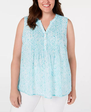 Charter Club Women's Plus Printed Pleated Top Aqua Size 2X
