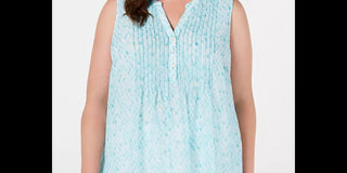 Charter Club Women's Plus Printed Pleated Top Aqua Size 2X