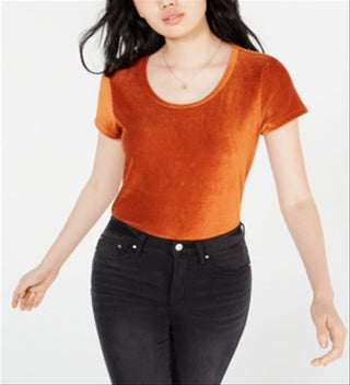 Crave Fame Women's Corduroy Short Sleeve Scoop Neck Top Orange Size Small