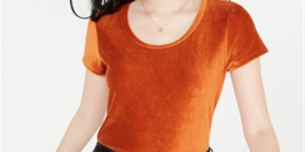 Crave Fame Women's Corduroy Short Sleeve Scoop Neck Top Orange Size Small