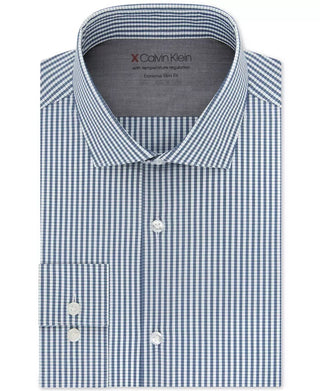 Calvin Klein Men's Extra Slim Fit Performance Stretch Temperature Regulating Check Dress Shirt Blue Size 34-35