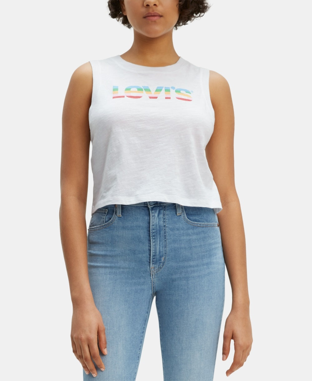 Levi's Women's Sleeveless Logo Print Cotton Cropped Top White Size Small