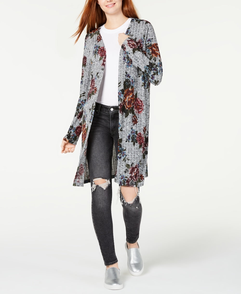 BCX Junior's Printed Rib Knit Duster Cardigan Gray floral Size X-Small