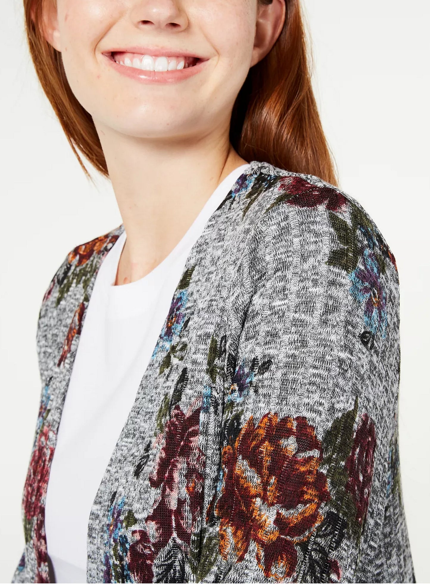 BCX Junior's Printed Rib Knit Duster Cardigan Gray floral Size X-Small