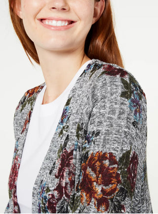 BCX Junior's Printed Rib Knit Duster Cardigan Gray floral Size X-Small