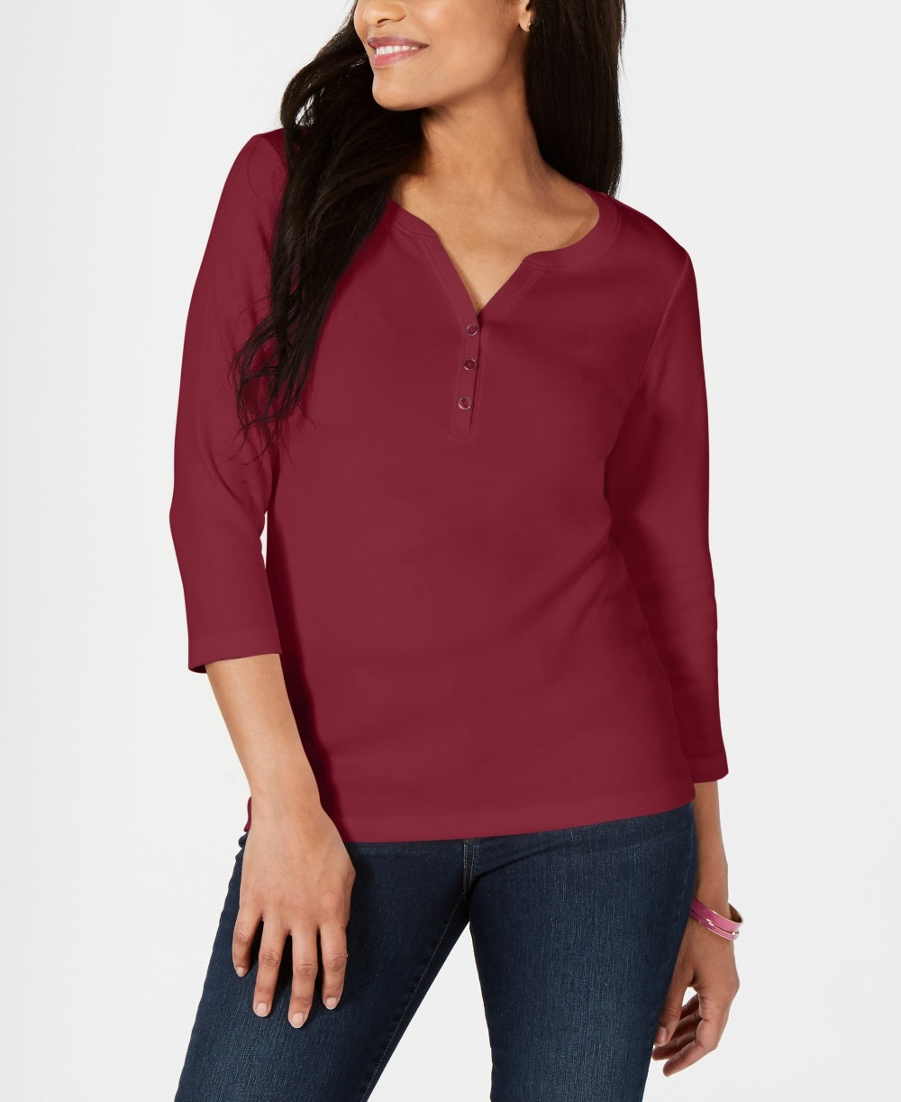 Karen Scott Women's Cotton Henley Shirt Red Size Petite Small