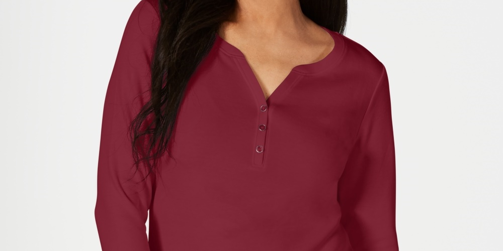 Karen Scott Women's Cotton Henley Shirt Red Size Petite Small