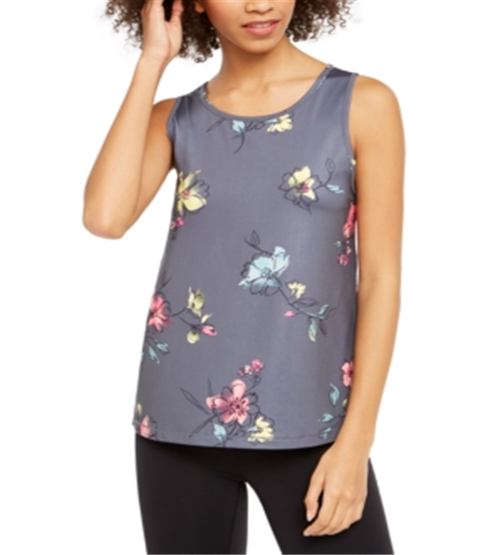 Ideology Women's Floral Print Mesh Back Tank Top Grey  Size XXL