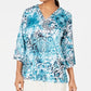JM Collection Women's Stud Trim Printed Top Green /White  Size Small