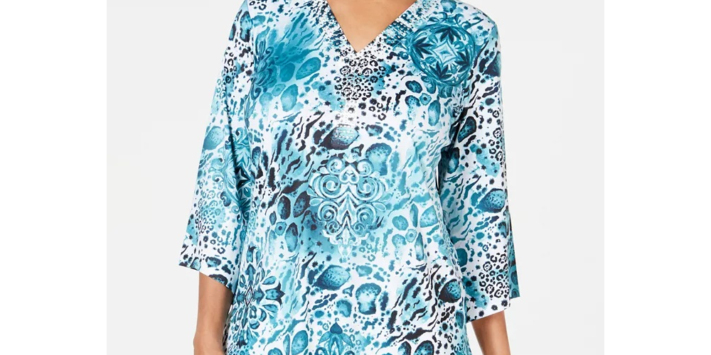 JM Collection Women's Stud Trim Printed Top Green /White  Size Small