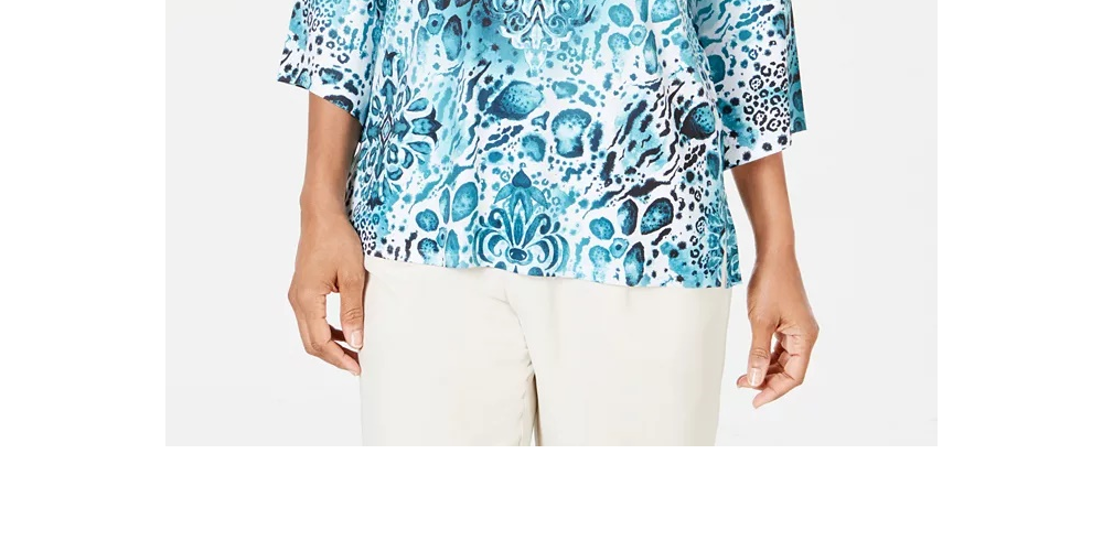 JM Collection Women's Stud Trim Printed Top Green /White  Size Small