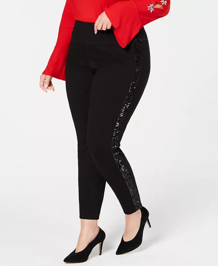 INC International Concepts Women's Plus Sequin Varsity Stripe Ponte Knit Pants Black Size 14W