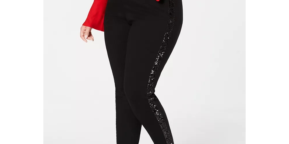 INC International Concepts Women's Plus Sequin Varsity Stripe Ponte Knit Pants Black Size 14W