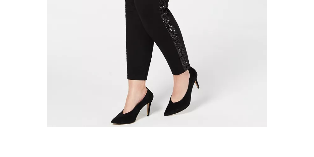 INC International Concepts Women's Plus Sequin Varsity Stripe Ponte Knit Pants Black Size 14W