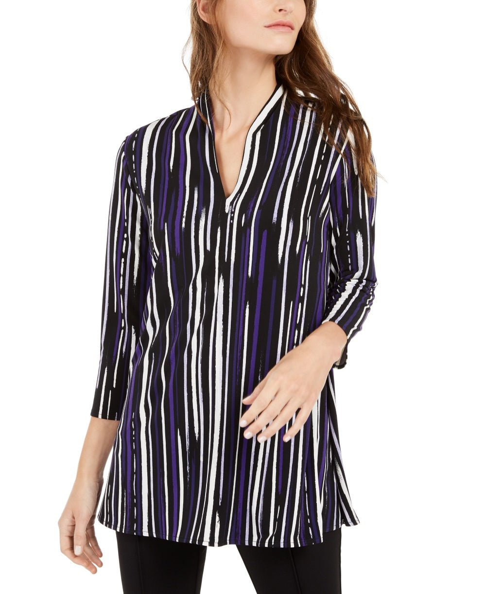 Alfani Women's Printed Split Neck Tunic Top Purple Size X-Small