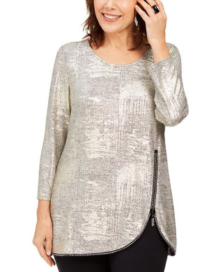 JM Collection Women's Space Dyed Embellished Zipper Top Gold  Size Petite L