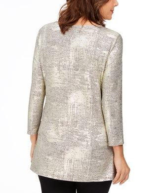 JM Collection Women's Space Dyed Embellished Zipper Top Gold  Size Petite L