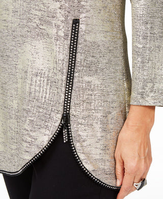 JM Collection Women's Space Dyed Embellished Zipper Top Gold  Size Petite L